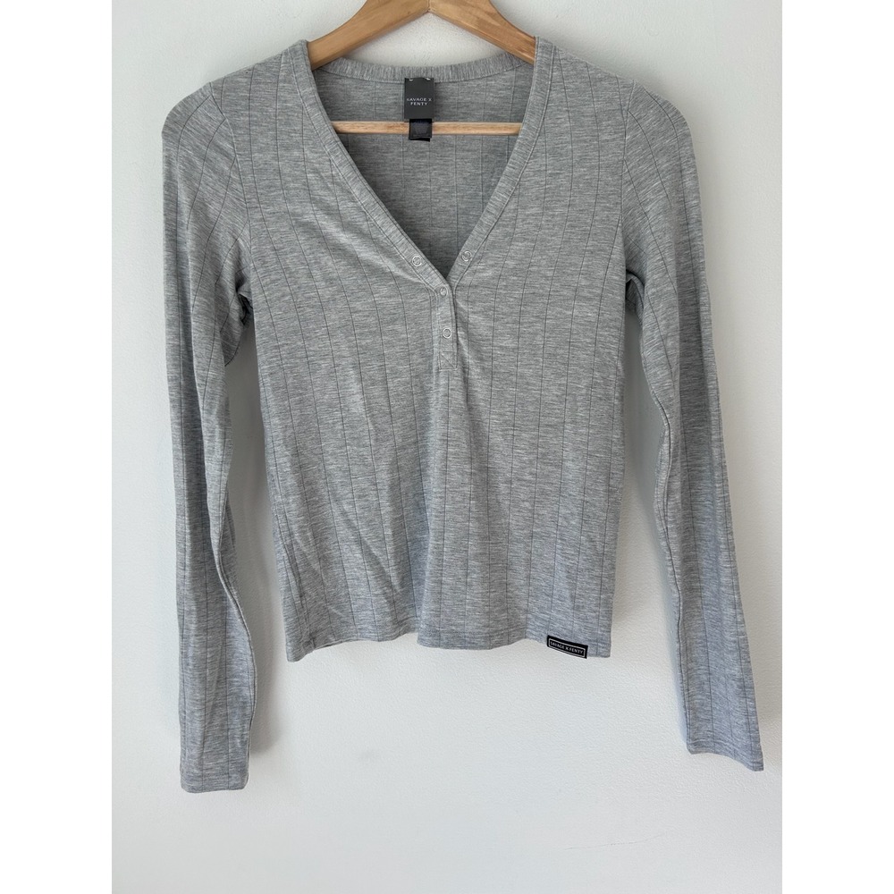 Savage X Fenty Gray Ribbed Henley Long Sleeve Top Sz 4-6 Loungewear Y2K College